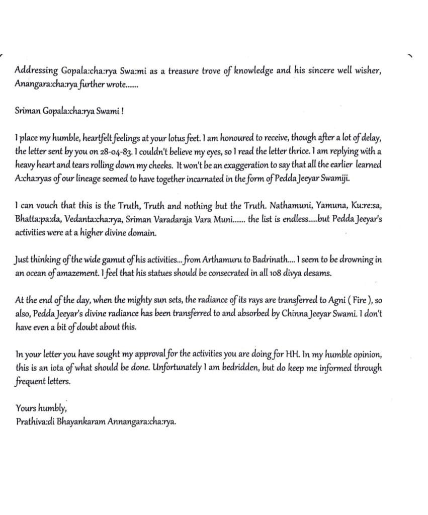 Letter from Prathivadi Bhayankaram Annangaracharya honoring Sri Pedda Jeeyar Swamiji — from the Satya Sankalpa collection