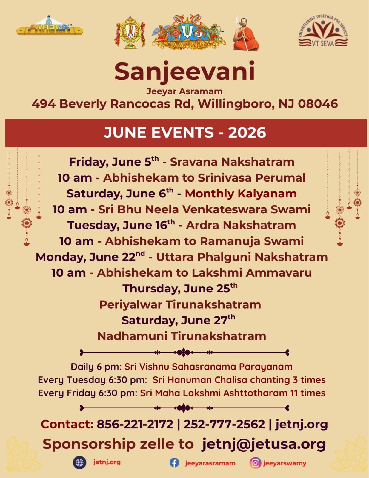 June 2026 Events at Sanjeevani Jeeyar A:sramam